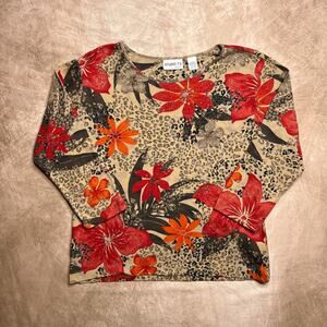 Vintage 90s Studio T's Chicos Animal Print Floral Beaded 3/4 Sleeve Boho Euro